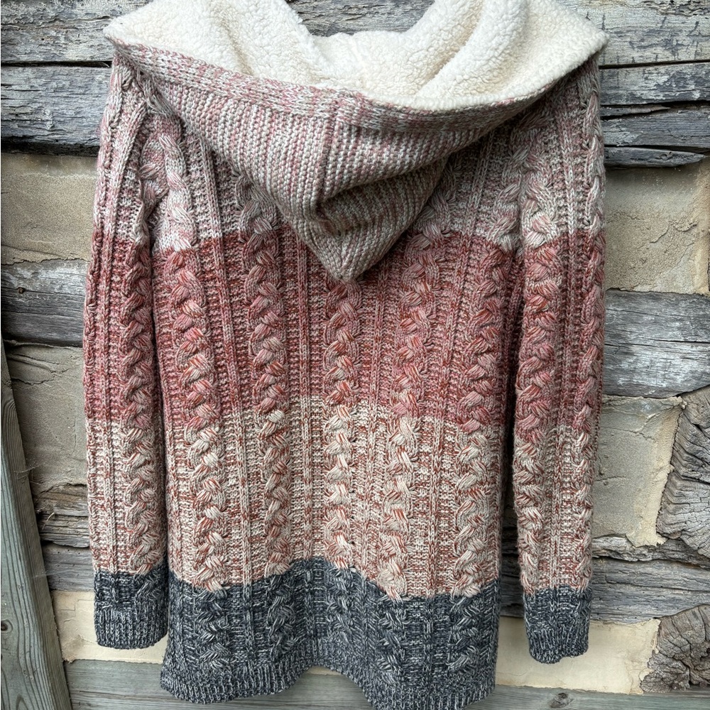 Lety & Me Cozy Multicolor Knit Sherpa Trim Open-Front Cardigan with Hoodie M - Picture 2 of 7